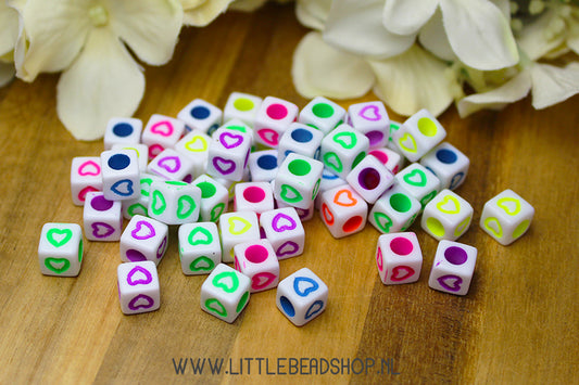 Acrylic Beads Square Heart Neon & White 7mm, +/- 50 pieces