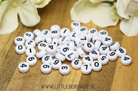 Acrylic number beads, white and black, 7mm, pack of 100