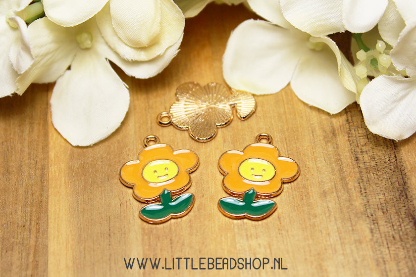 Emaille Bedels Bloem met Smiley Oranje Groen, per stuk