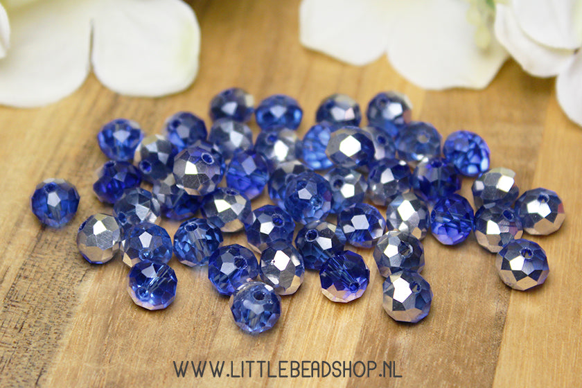 Facet kralen 8mm Donkerblauw & Zilver, +/- 60 stuks