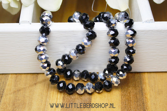 Faceted beads 8mm Silver / Coal Black, 10 pieces