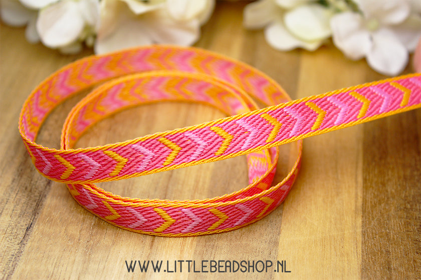 Geweven Lint Arrows Oranje & Roze, per meter