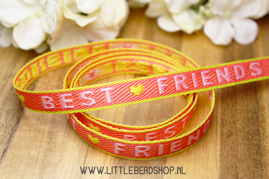 Woven Ribbon Best Friends Coral Pink & Yellow, per meter
