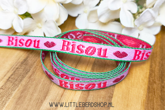 Woven Ribbon Bisou Pink, Red and Dark Green, per meter