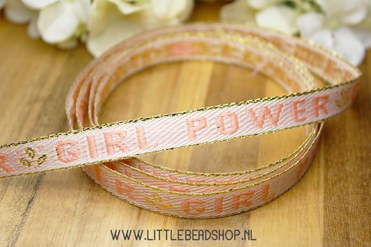 Woven Ribbon Girl Power Salmon Pink & Gold, per meter