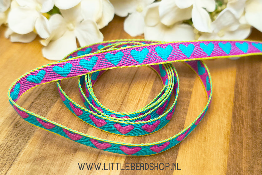 Geweven Lint Hartjes Magenta, Blauw & Geel, per meter