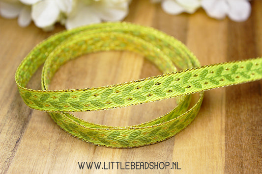 Woven Ribbon Leaf Green & Gold, per meter