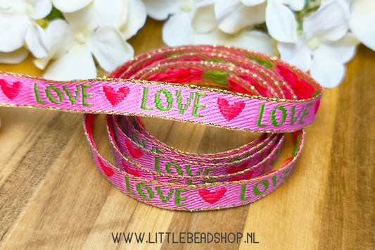 Woven Ribbon Love Dark Pink & Green, per meter