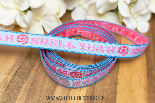 Woven Ribbon Shell Yeah Blue & Pink, per meter