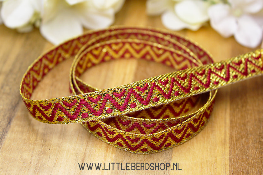 Woven Ribbon Triangles Dark Red & Gold, per meter