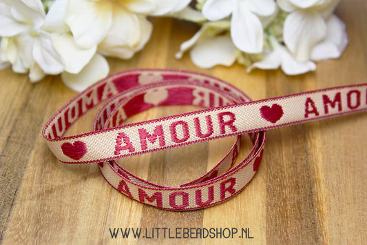 Woven Ribbon Amour Beige/Red, per meter
