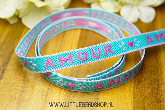 Woven Ribbon Amour Blue & Pink, per meter