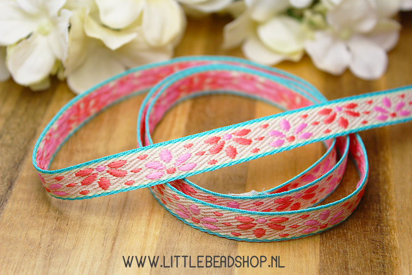 Woven Ribbon Flowers Cream, Blue & Pink, per meter