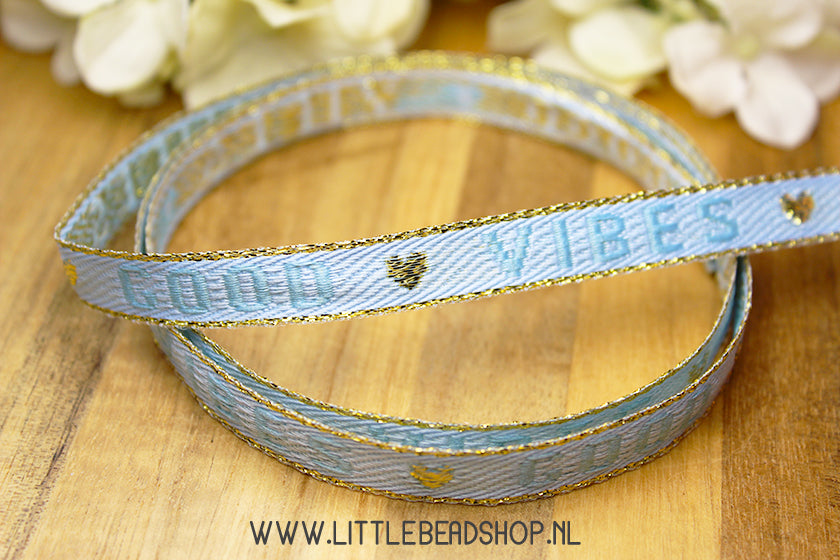 Geweven Lint Good Vibes Lichtblauw & Goud, per meter