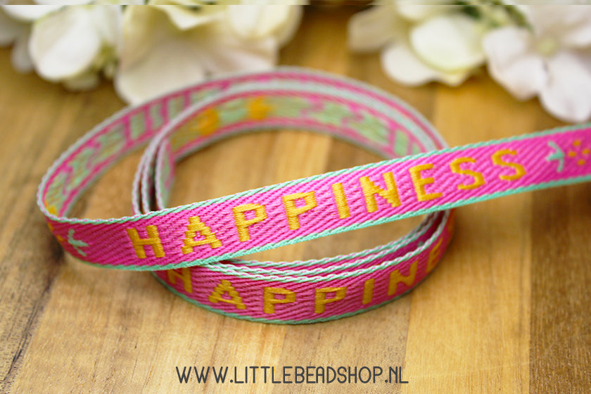 Woven Ribbon Happiness Pink Orange & Blue, per meter