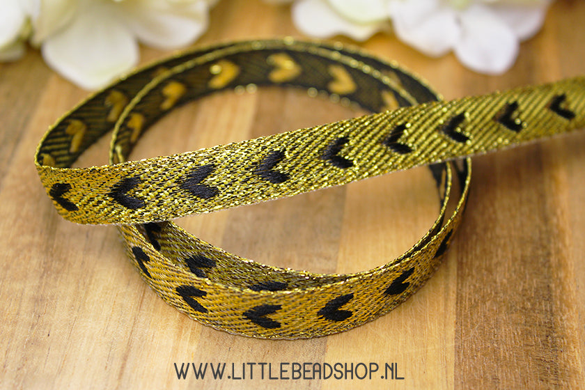 Geweven Lint Hearts Zwart & Goud, per meter