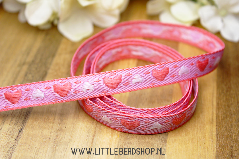 Geweven Lint Hearts Roze & Wit, per meter