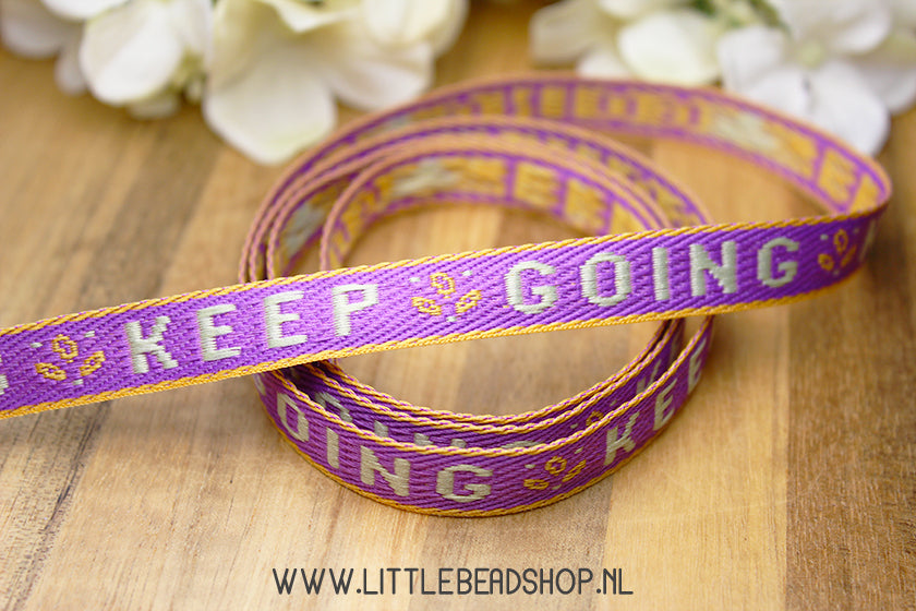 Woven Ribbon Keep Going Purple & Orange, per meter