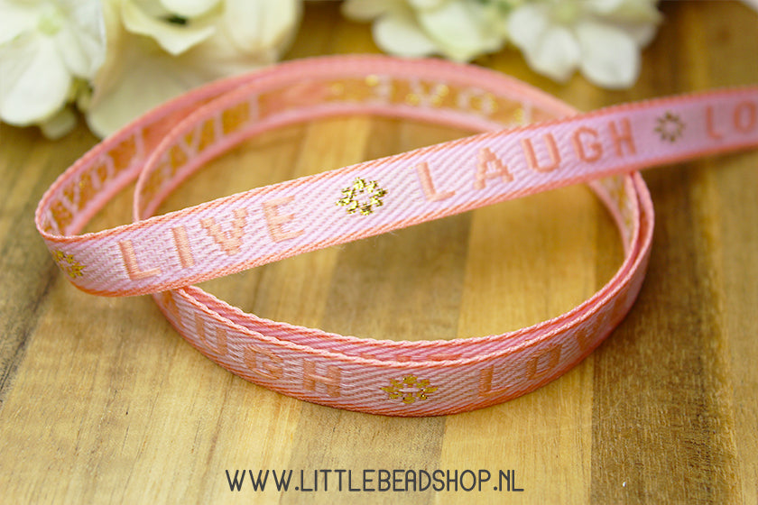 Woven Ribbon Live Laugh Love light pink & gold, per meter