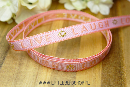 Woven Ribbon Live Laugh Love light pink & gold, per meter