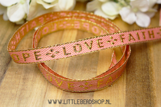 Woven Ribbon Love Faith Hope coral rose gold, per meter