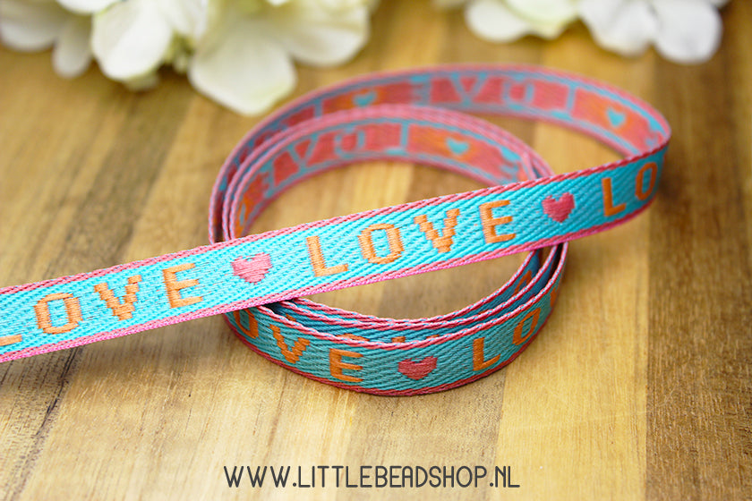 Woven Ribbon Love Pink Orange Blue, per meter