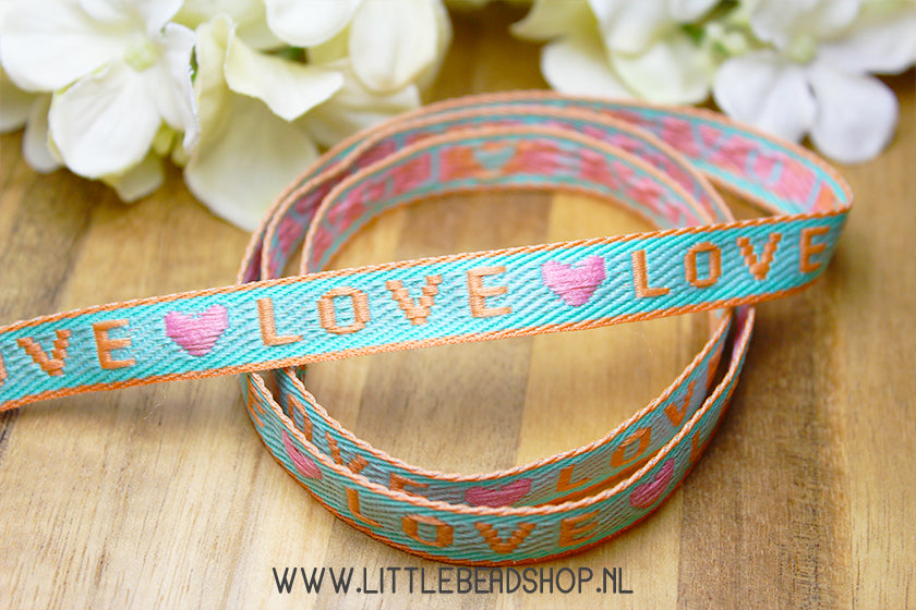 Woven Ribbon Love Turquoise & Orange, per meter