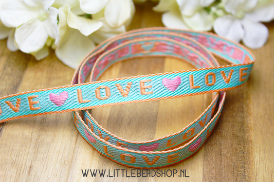 Woven Ribbon Love Turquoise & Orange, per meter