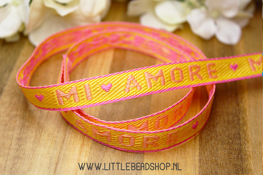 Woven Ribbon Mi Amore Yellow Pink & Orange, per meter