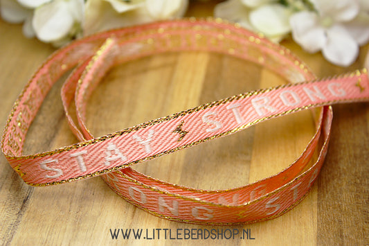 Woven Ribbon Stay Strong Coral Pink & Gold, per meter