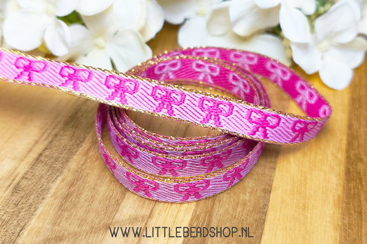 Woven Ribbon Bow Pink & Gold, per meter