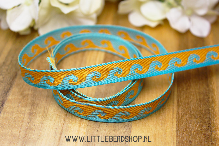 Geweven Lint Waves Oranje & Blauw, per meter