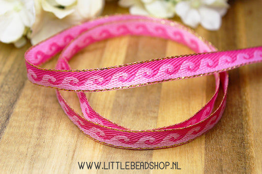 Woven Ribbon Waves Pink & Gold, per meter