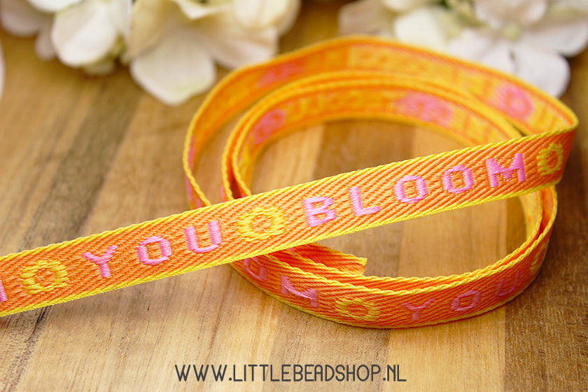 Woven Ribbon You Bloom Orange & Pink, per meter