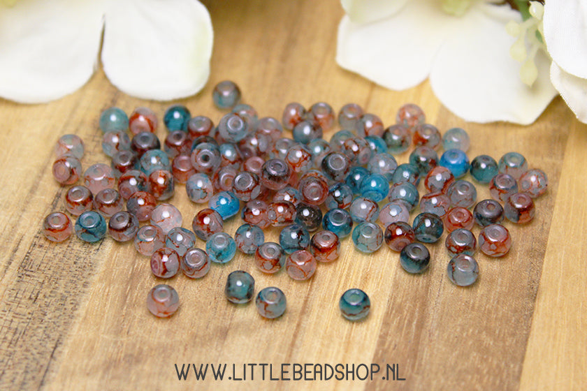 Glaskralen marmerlook Bruin & Blauw 4mm, +/- 100 stuks