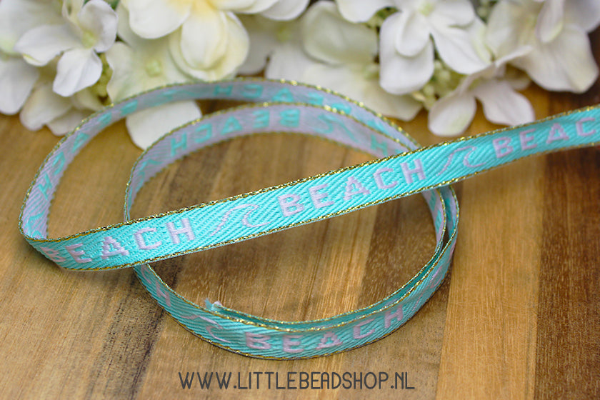 Geweven Lint Beach Blauw & Wit & Goud, per meter