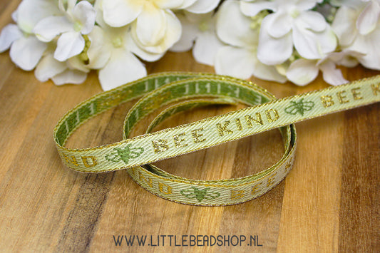 Woven Ribbon Bee Kind light green & gold, per meter