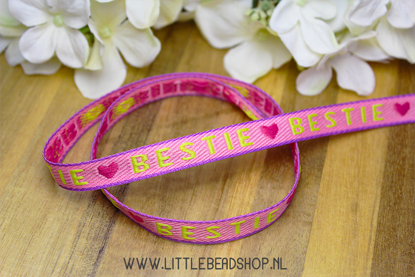 Woven Ribbon Bestie Pink & Yellow, per meter