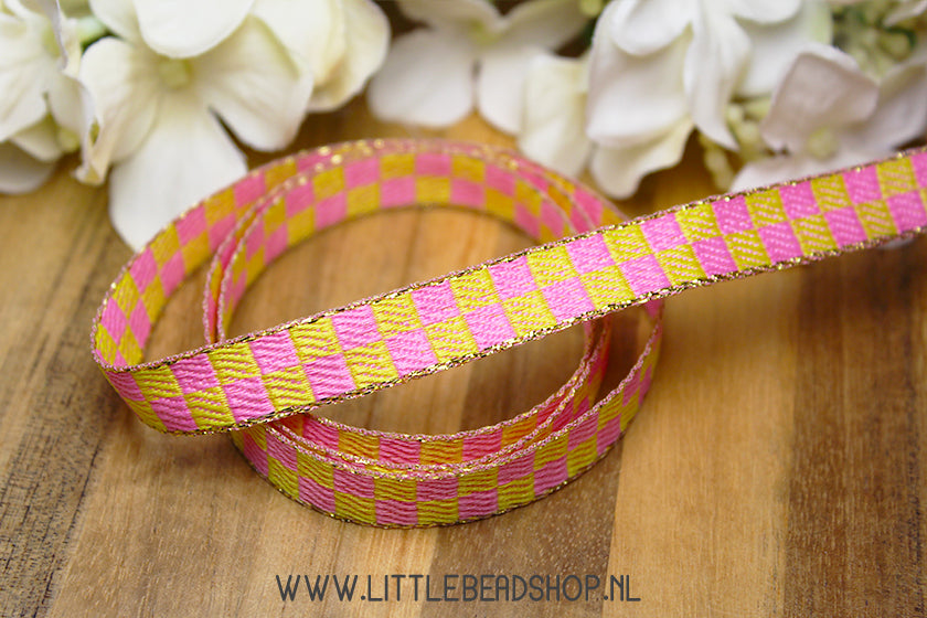 Woven Ribbon Cubes Pink & Yellow & Gold, per meter