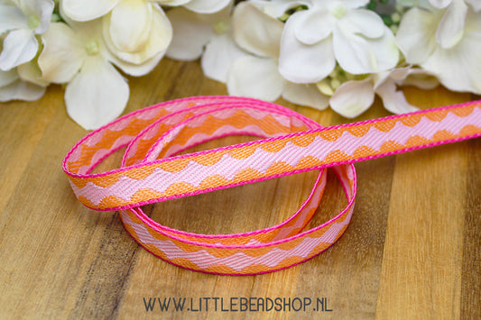 Woven Ribbon Diamond Orange & Light Pink, per meter