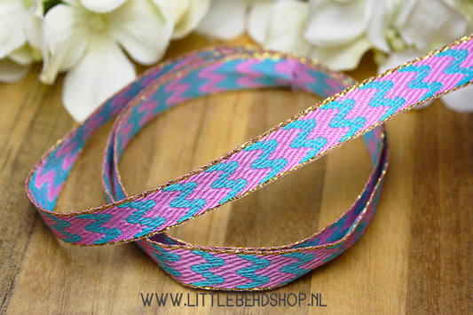 Woven Ribbon Flowing Lines Pink, Blue & Gold, per meter