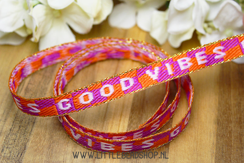 Woven Ribbon Good Vibes Purple & Orange & Gold, per meter