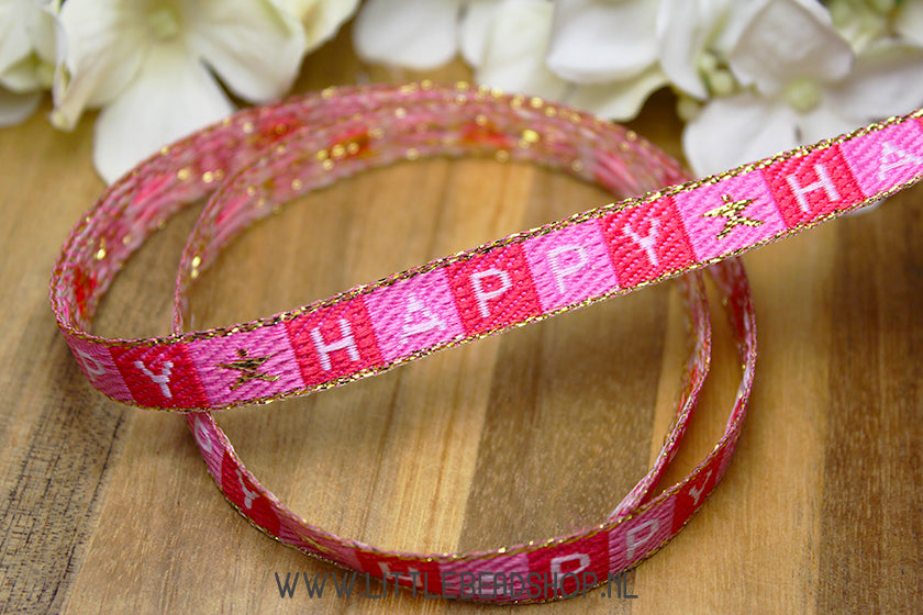 Woven Ribbon Happy Pink & Gold, per meter