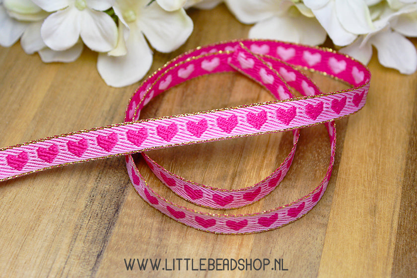 Woven Ribbon Hearts Pink & Gold, per meter