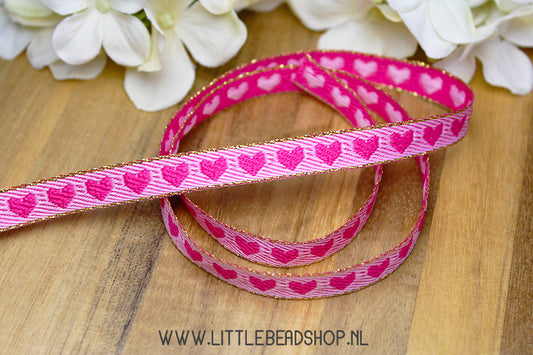 Woven Ribbon Hearts Pink & Gold, per meter