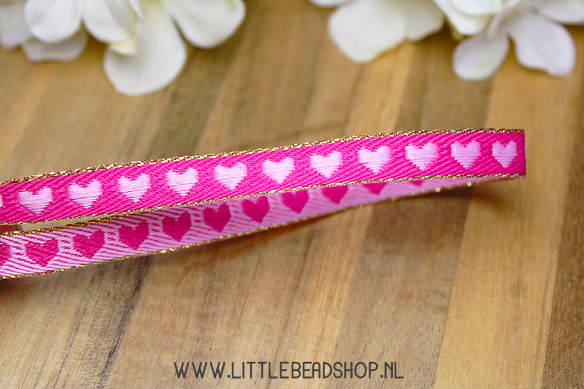 Woven Ribbon Hearts Pink & Gold, per meter