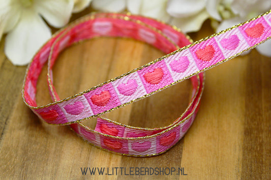 Woven Ribbon Hearts & Cubes Pink & Gold, per meter