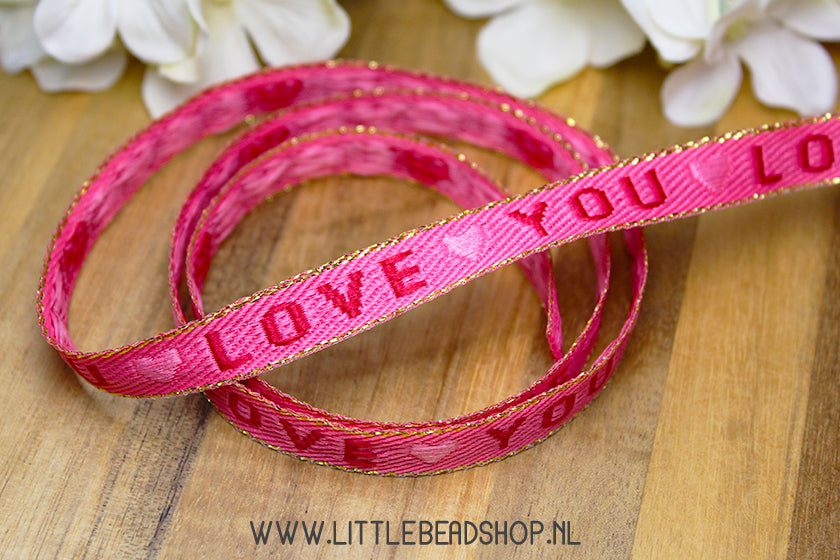 Geweven Lint Love You Donkerroze & Goud, per meter