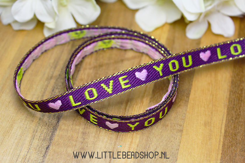 Woven Ribbon Love You Dark Purple & Gold, per meter