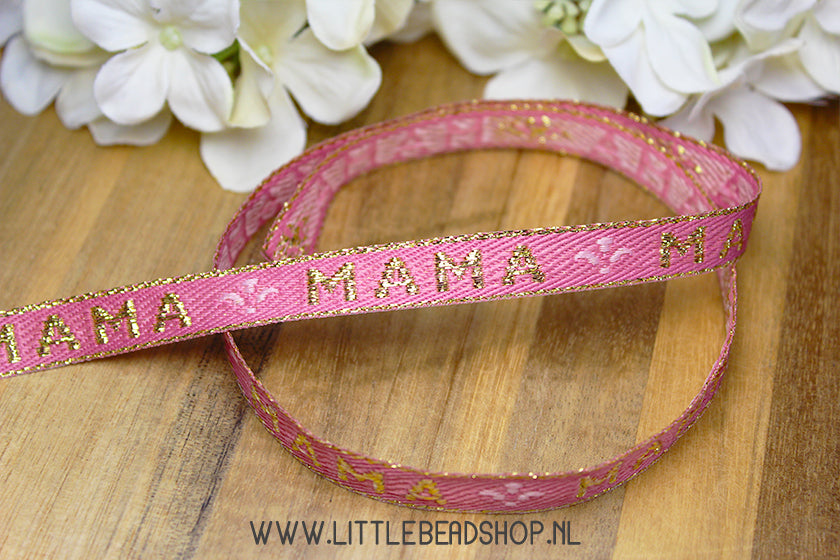 Geweven Lint Mama Oudroze & Goud, per meter